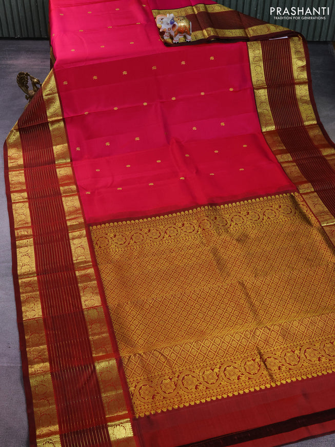 Pure kanchipuram silk saree pink and maroon with zari woven buttas and long zari woven border