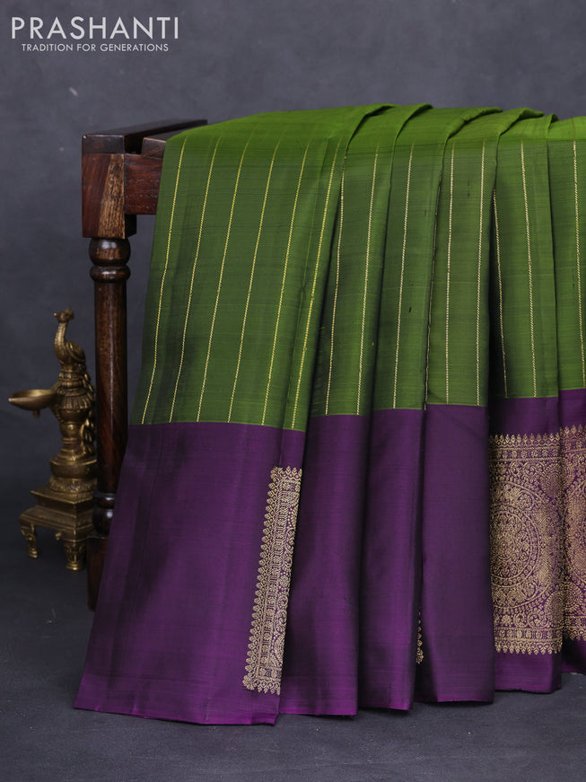 Pure kanchipuram silk saree mehendi green and deep violet with allover zari stripes pattern and zari woven box type butta border