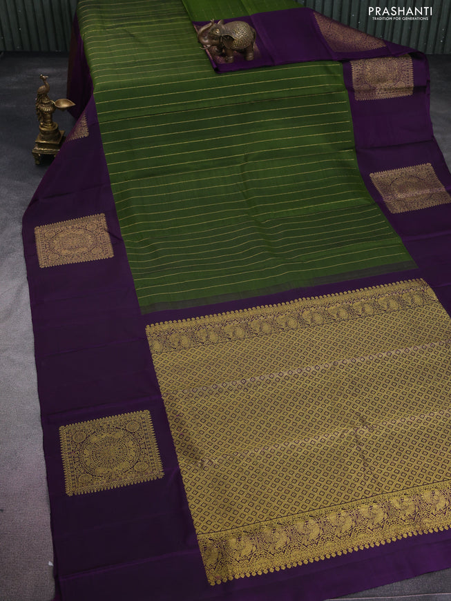 Pure kanchipuram silk saree mehendi green and deep violet with allover zari stripes pattern and zari woven box type butta border
