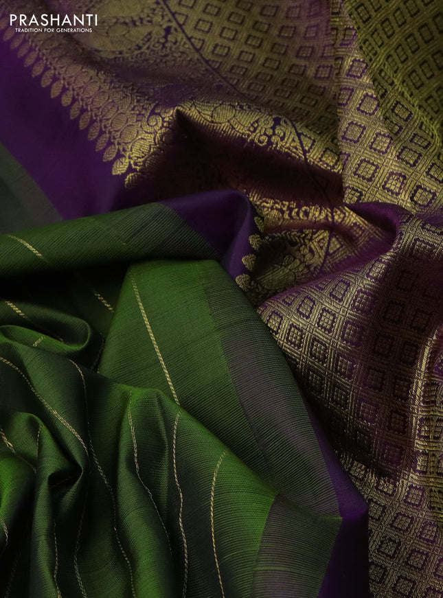 Pure kanchipuram silk saree mehendi green and deep violet with allover zari stripes pattern and zari woven box type butta border