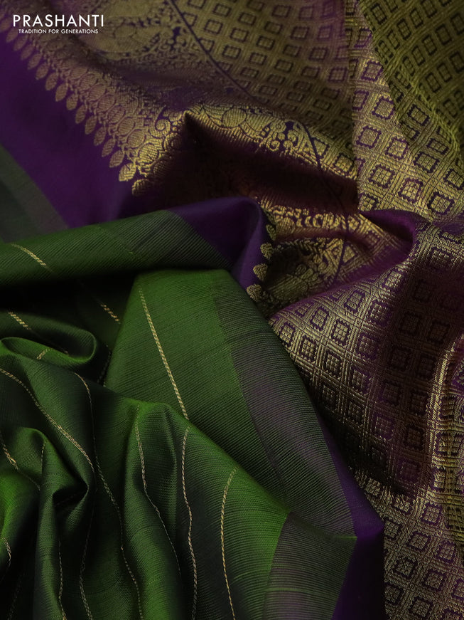 Pure kanchipuram silk saree mehendi green and deep violet with allover zari stripes pattern and zari woven box type butta border