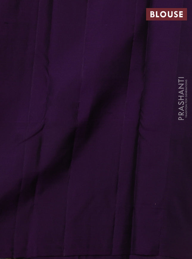 Pure kanchipuram silk saree mehendi green and deep violet with allover zari stripes pattern and zari woven box type butta border