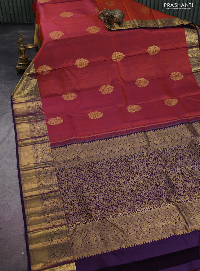 Pure kanchipuram silk saree dual shade of rust and deep violet with zari woven buttas and zari woven border