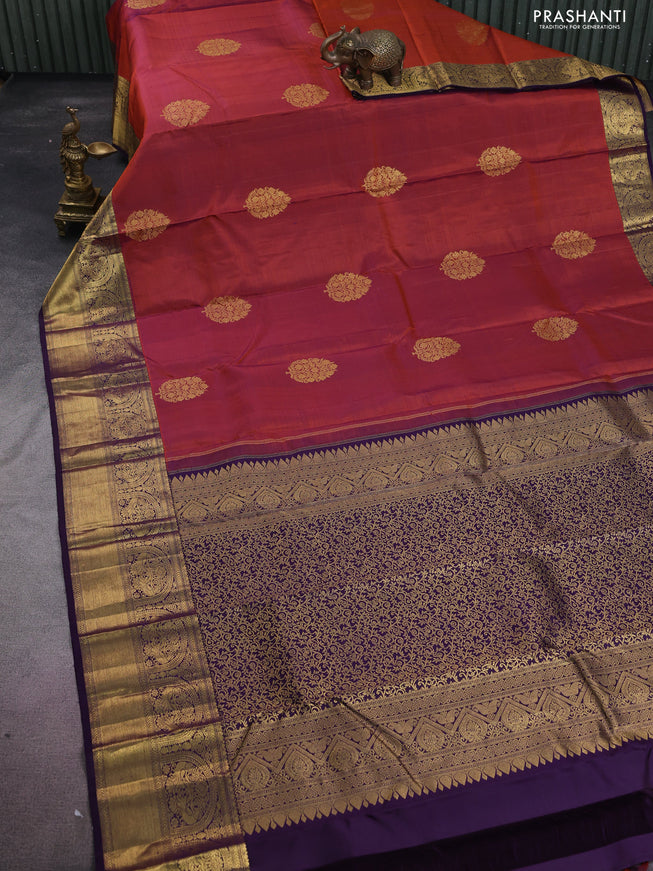 Pure kanchipuram silk saree dual shade of rust and deep violet with zari woven buttas and zari woven border