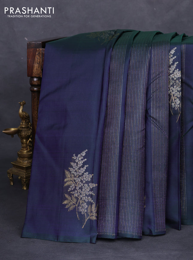 Pure kanchipuram silk saree dual shade of bluish green and pink with allover silver & gold zari weaves in borderless style