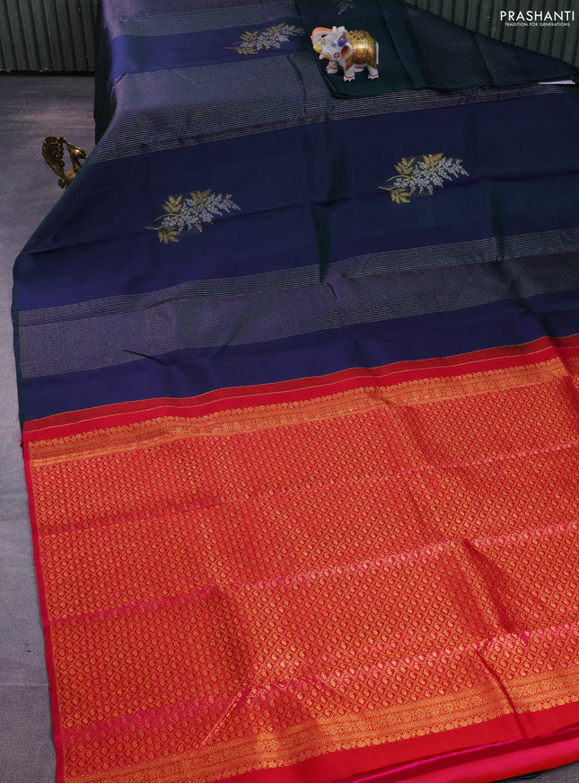 Pure kanchipuram silk saree dual shade of bluish green and pink with allover silver & gold zari weaves in borderless style