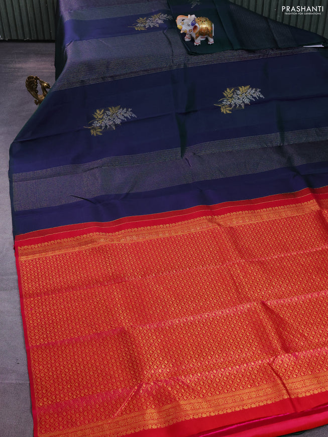 Pure kanchipuram silk saree dual shade of bluish green and pink with allover silver & gold zari weaves in borderless style