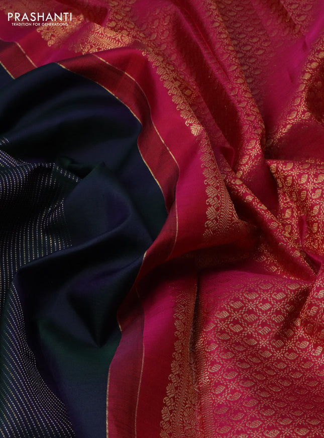 Pure kanchipuram silk saree dual shade of bluish green and pink with allover silver & gold zari weaves in borderless style