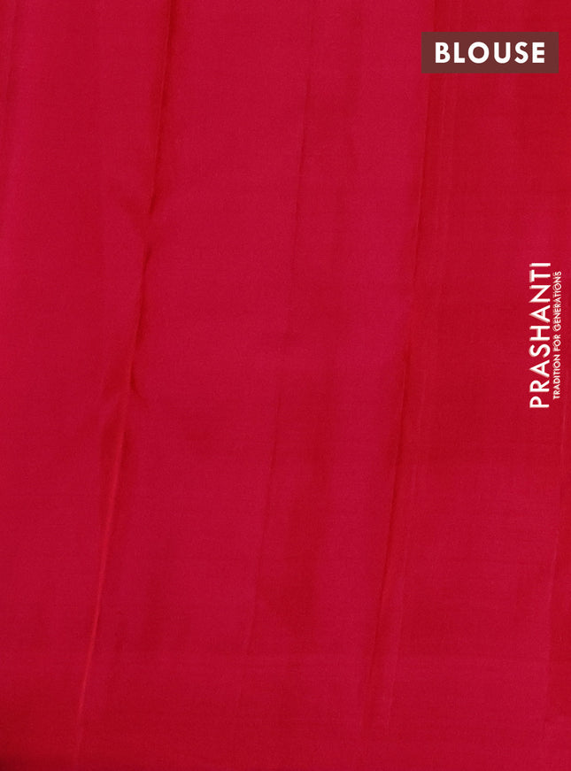 Pure kanchipuram silk saree dual shade of bluish green and pink with allover silver & gold zari weaves in borderless style