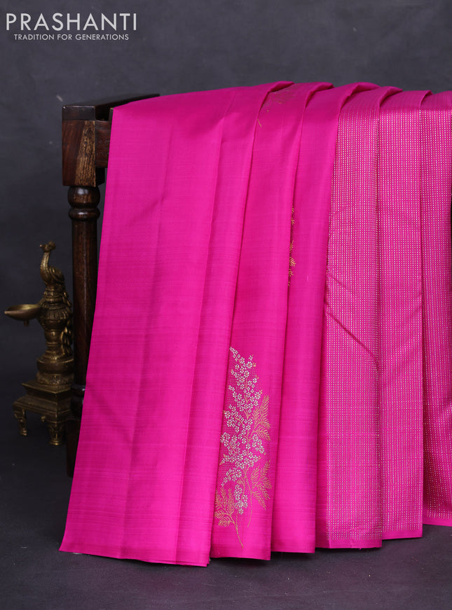 Pure kanchipuram silk saree pink and green with allover silver & gold zari weaves in borderless style