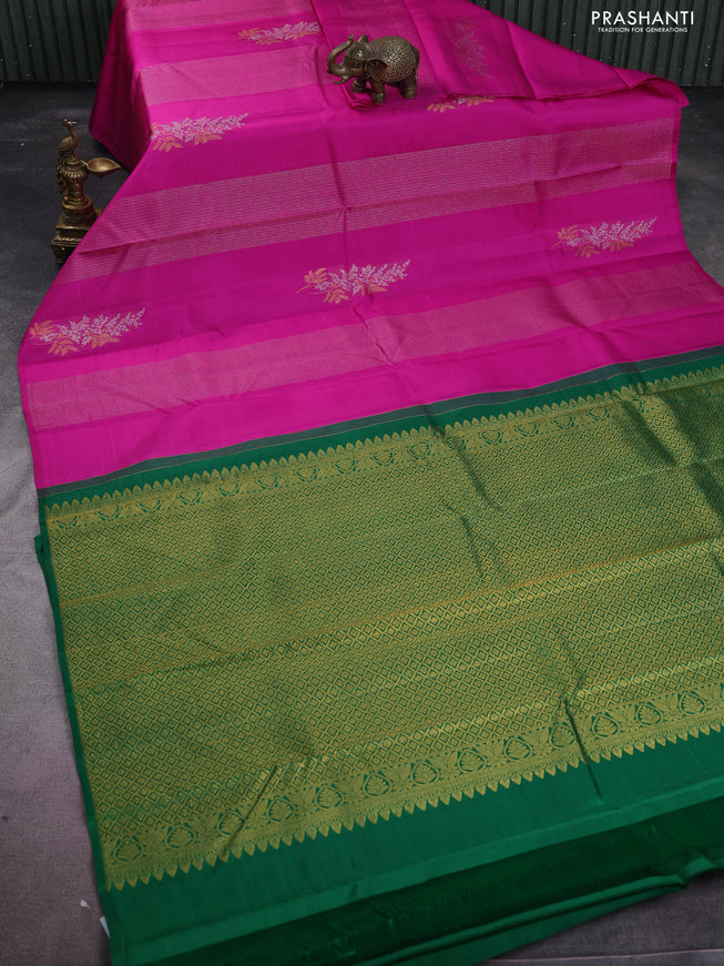 Pure kanchipuram silk saree pink and green with allover silver & gold zari weaves in borderless style