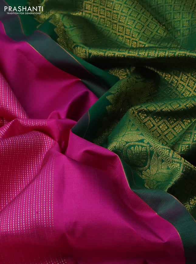 Pure kanchipuram silk saree pink and green with allover silver & gold zari weaves in borderless style