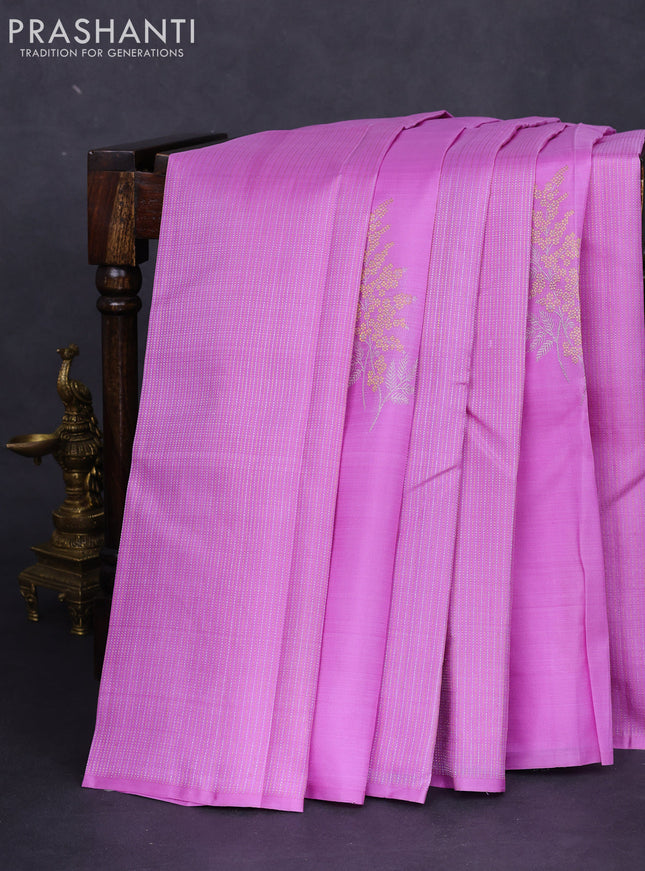 Pure kanchipuram silk saree lavender and green with allover silver & gold zari weaves in borderless style