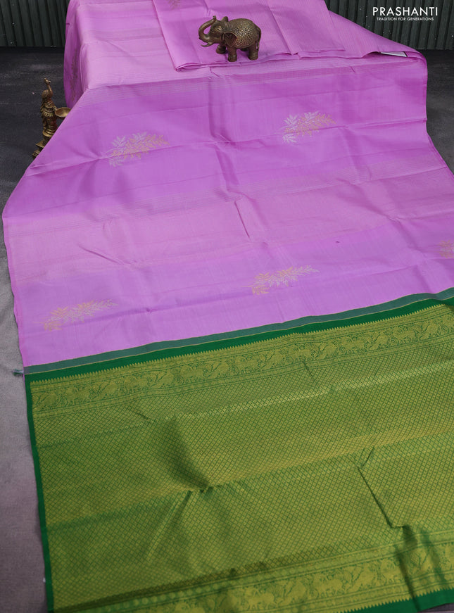 Pure kanchipuram silk saree lavender and green with allover silver & gold zari weaves in borderless style