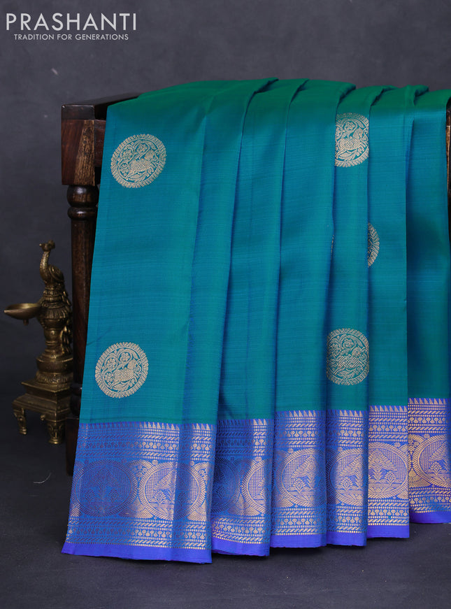 Pure kanchipuram silk saree teal blue and blue with zari woven buttas and zari woven border