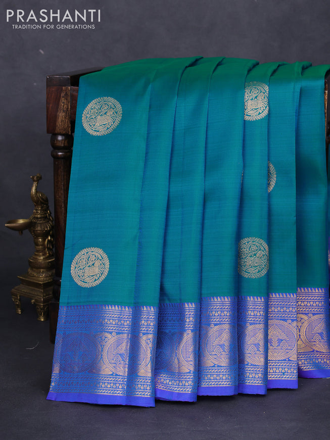 Pure kanchipuram silk saree teal blue and blue with zari woven buttas and zari woven border