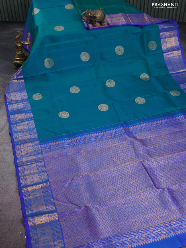 Pure kanchipuram silk saree teal blue and blue with zari woven buttas and zari woven border