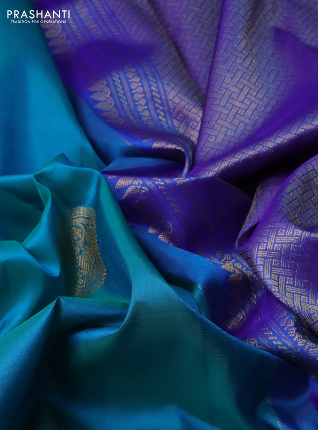 Pure kanchipuram silk saree teal blue and blue with zari woven buttas and zari woven border