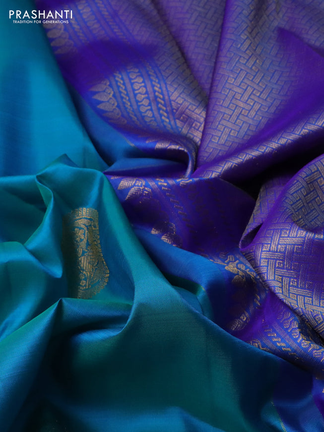 Pure kanchipuram silk saree teal blue and blue with zari woven buttas and zari woven border