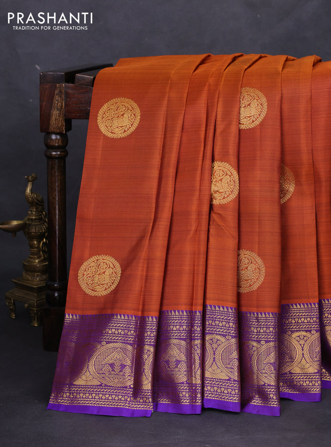 Pure kanchipuram silk saree orange and violet with zari woven buttas and zari woven border