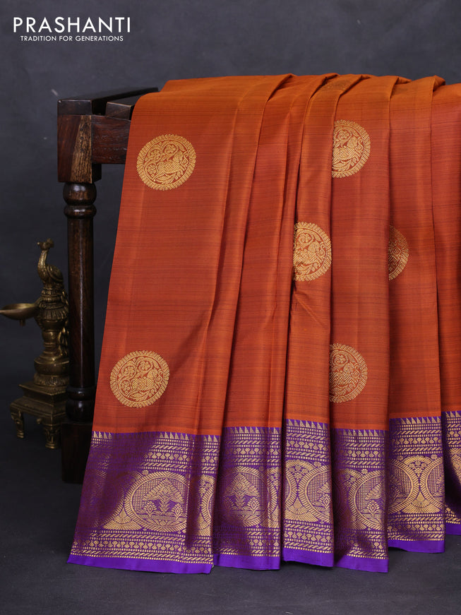 Pure kanchipuram silk saree orange and violet with zari woven buttas and zari woven border