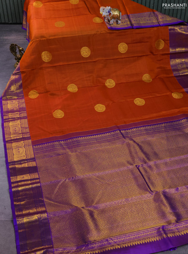 Pure kanchipuram silk saree orange and violet with zari woven buttas and zari woven border