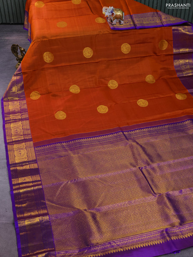 Pure kanchipuram silk saree orange and violet with zari woven buttas and zari woven border