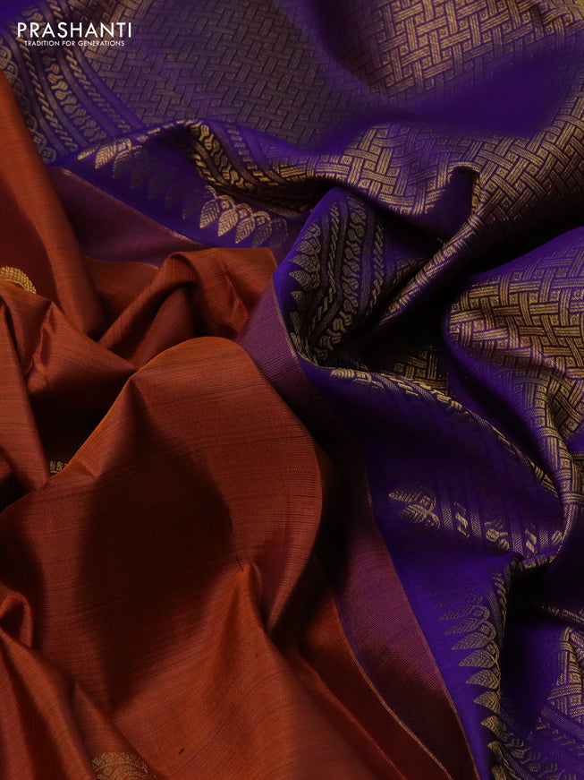 Pure kanchipuram silk saree orange and violet with zari woven buttas and zari woven border