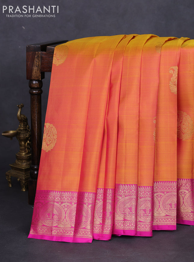 Pure kanchipuram silk saree dual shade of mustard and pink with zari woven buttas and zari woven border