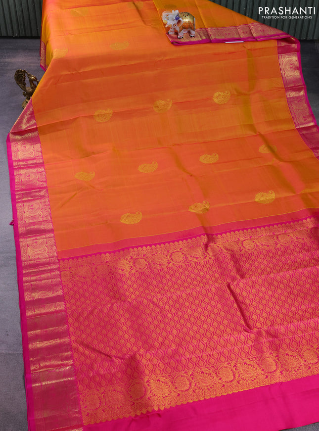Pure kanchipuram silk saree dual shade of mustard and pink with zari woven buttas and zari woven border