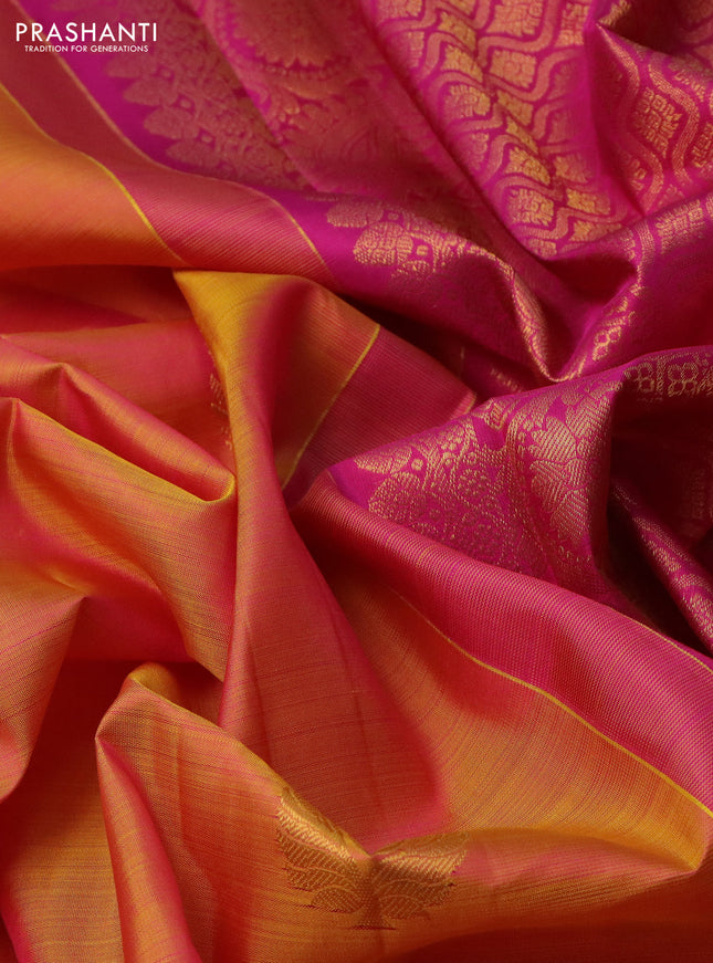 Pure kanchipuram silk saree dual shade of mustard and pink with zari woven buttas and zari woven border