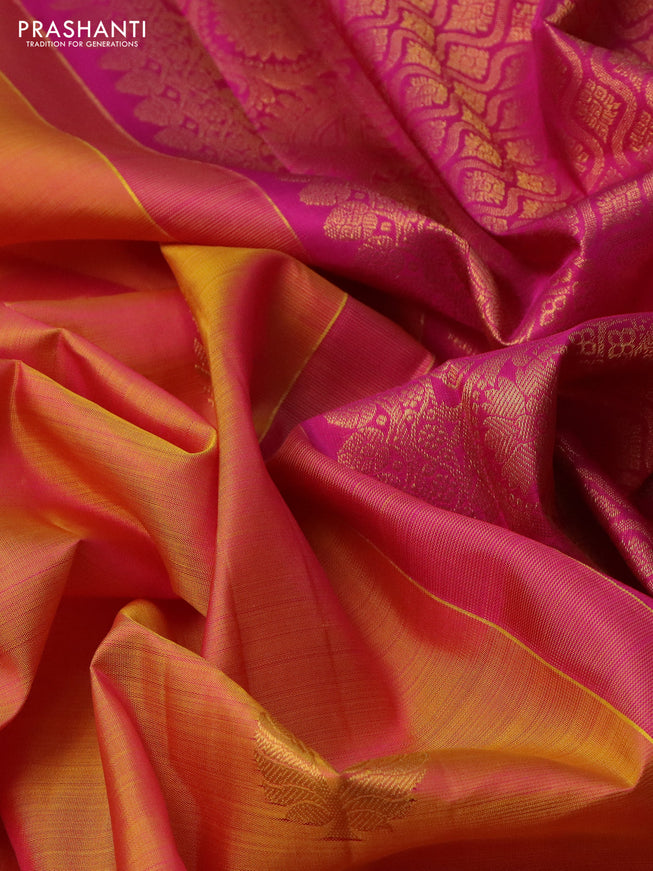 Pure kanchipuram silk saree dual shade of mustard and pink with zari woven buttas and zari woven border