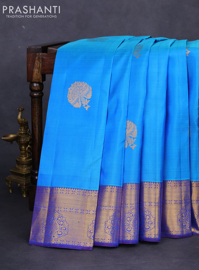 Pure kanchipuram silk saree cs blue and blue with floral zari woven buttas and zari woven border