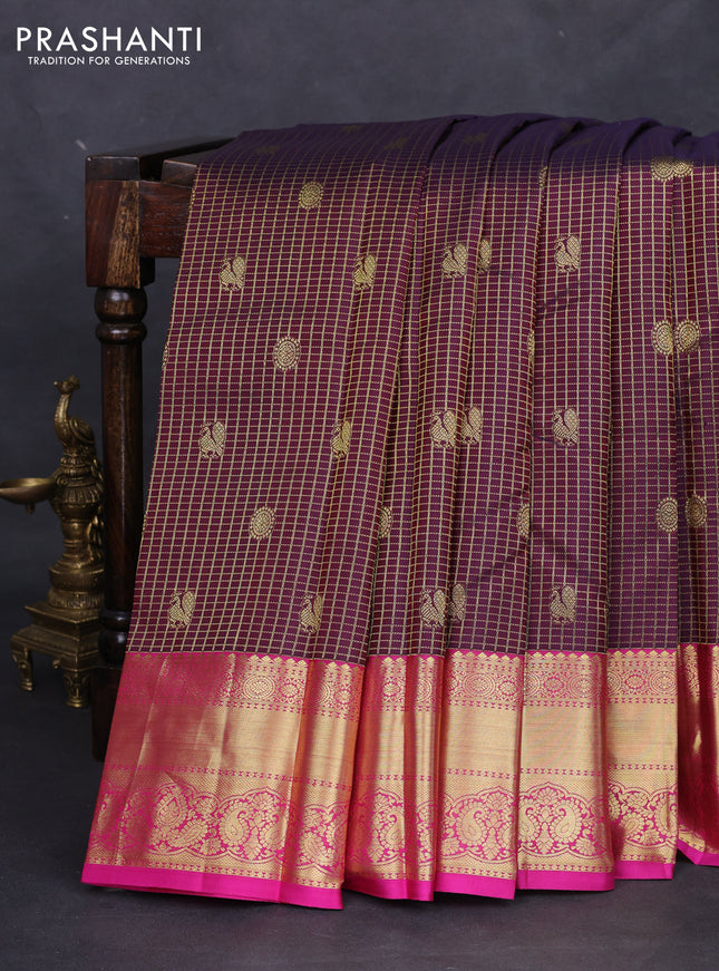 Pure kanchipuram silk saree dual shade of maroon and pink with allover zari checks & buttas and zari woven border