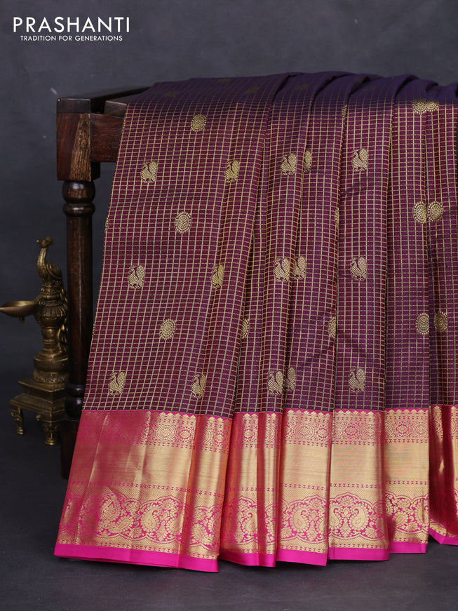 Pure kanchipuram silk saree dual shade of maroon and pink with allover zari checks & buttas and zari woven border