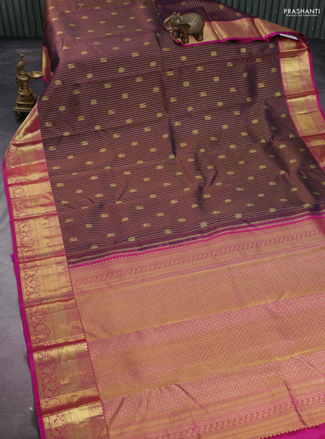 Pure kanchipuram silk saree dual shade of maroon and pink with allover zari checks & buttas and zari woven border