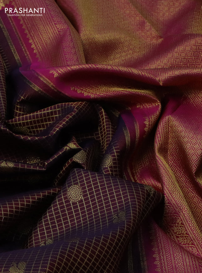 Pure kanchipuram silk saree dual shade of maroon and pink with allover zari checks & buttas and zari woven border