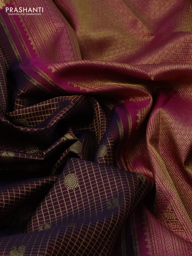 Pure kanchipuram silk saree dual shade of maroon and pink with allover zari checks & buttas and zari woven border