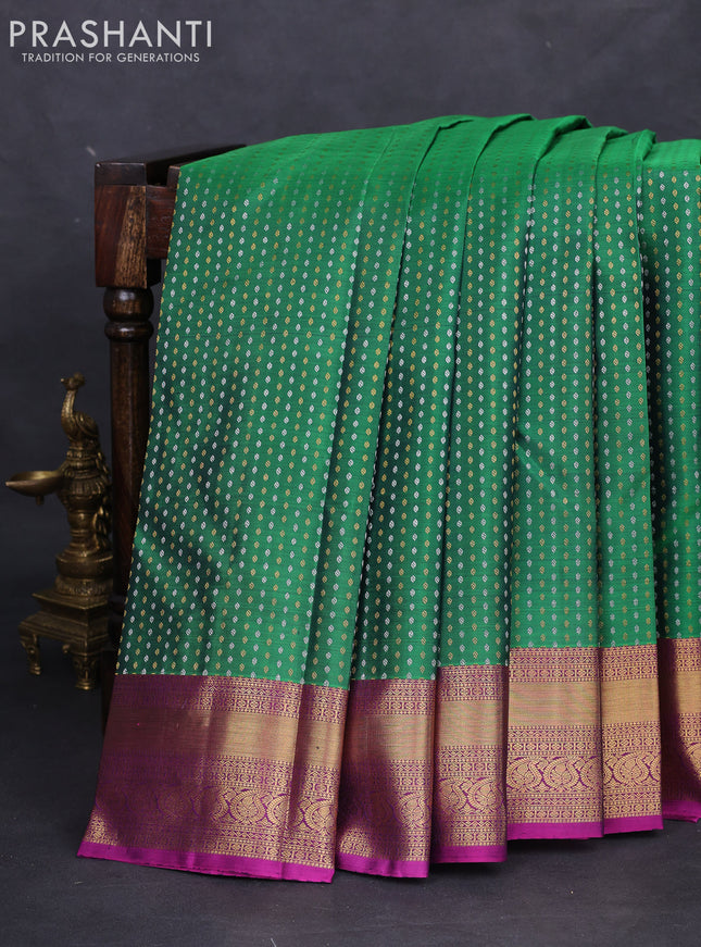 Pure kanchipuram silk saree green and purple with allover silver & gold zari woven 1000 buttas and zari woven border