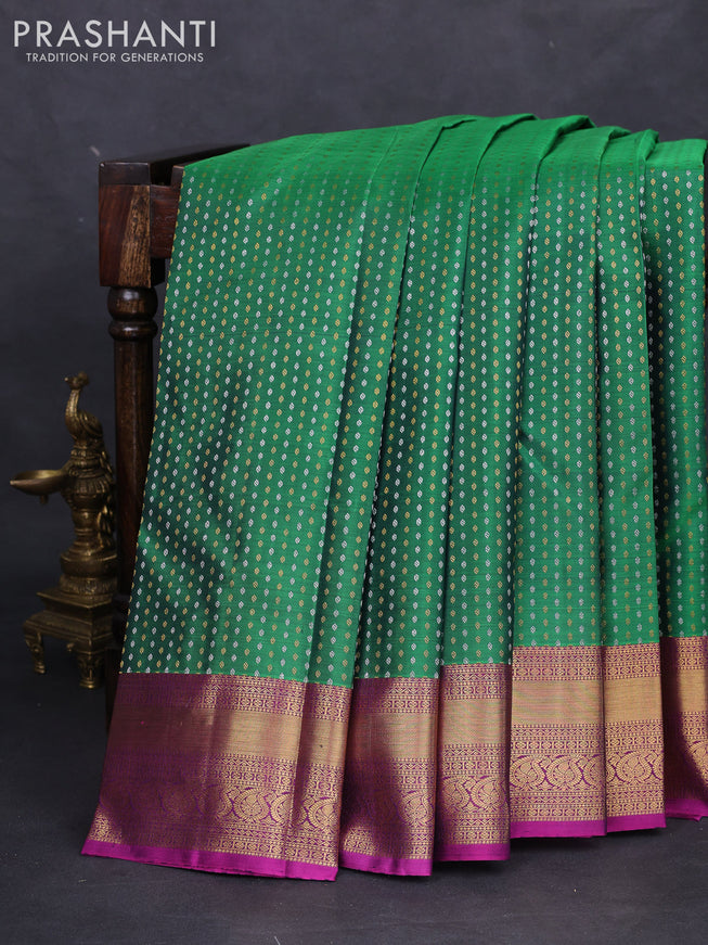 Pure kanchipuram silk saree green and purple with allover silver & gold zari woven 1000 buttas and zari woven border