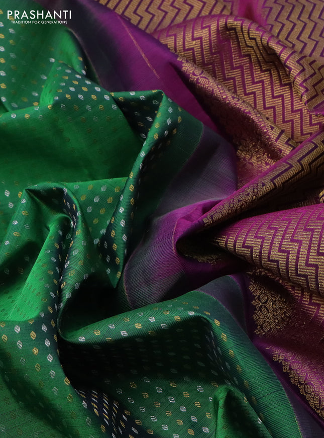 Pure kanchipuram silk saree green and purple with allover silver & gold zari woven 1000 buttas and zari woven border