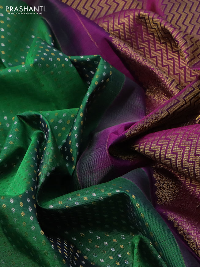 Pure kanchipuram silk saree green and purple with allover silver & gold zari woven 1000 buttas and zari woven border