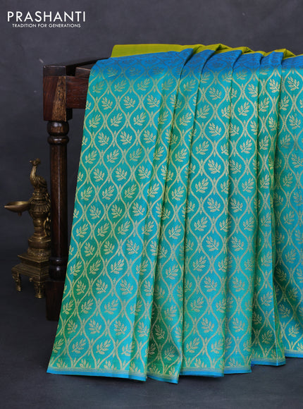 Pure kanchipuram silk saree lime green and teal blue with half & half style and rich zari border