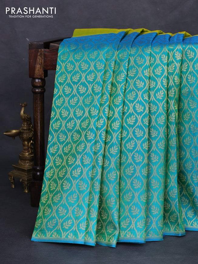 Pure kanchipuram silk saree lime green and teal blue with half & half style and rich zari border