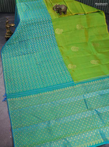 Pure kanchipuram silk saree lime green and teal blue with half & half style and rich zari border