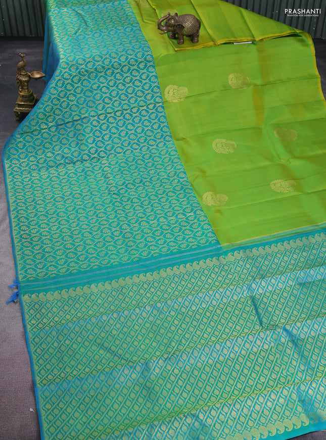 Pure kanchipuram silk saree lime green and teal blue with half & half style and rich zari border