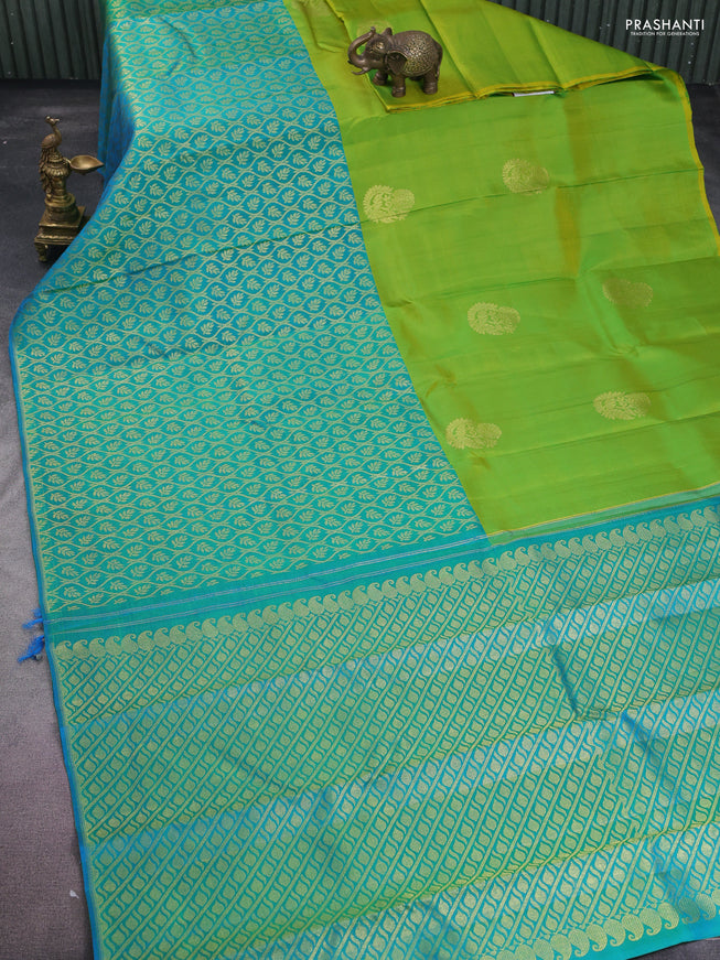 Pure kanchipuram silk saree lime green and teal blue with half & half style and rich zari border