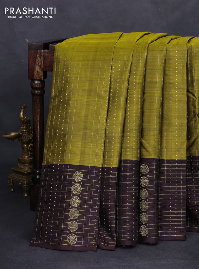 Pure kanchipuram silk saree lime green and coffee brown with allover zari weaves and rich zari border
