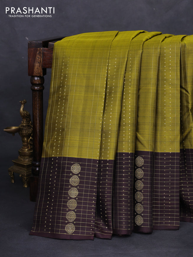 Pure kanchipuram silk saree lime green and coffee brown with allover zari weaves and rich zari border