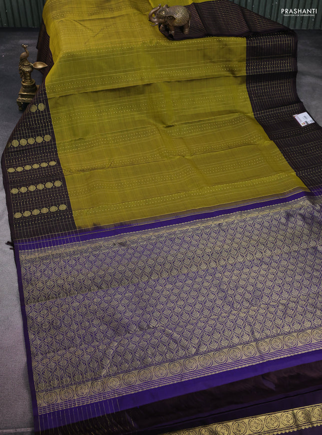 Pure kanchipuram silk saree lime green and coffee brown with allover zari weaves and rich zari border
